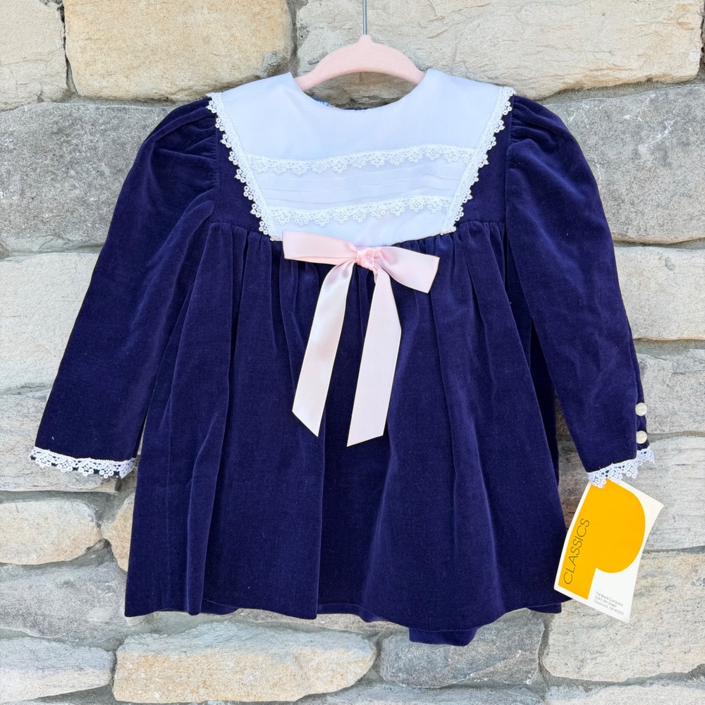 Vintage NWT Polly Flinders Classics Navy Blue Velvet Holiday Christmas Dress 24M